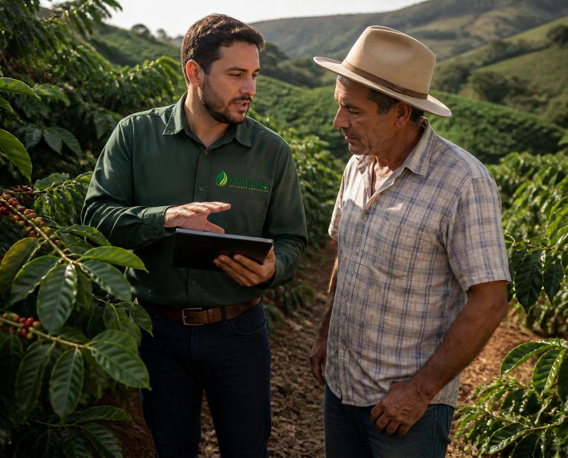 Consultor Fertilita com tablet orientando produtor rural na lavoura