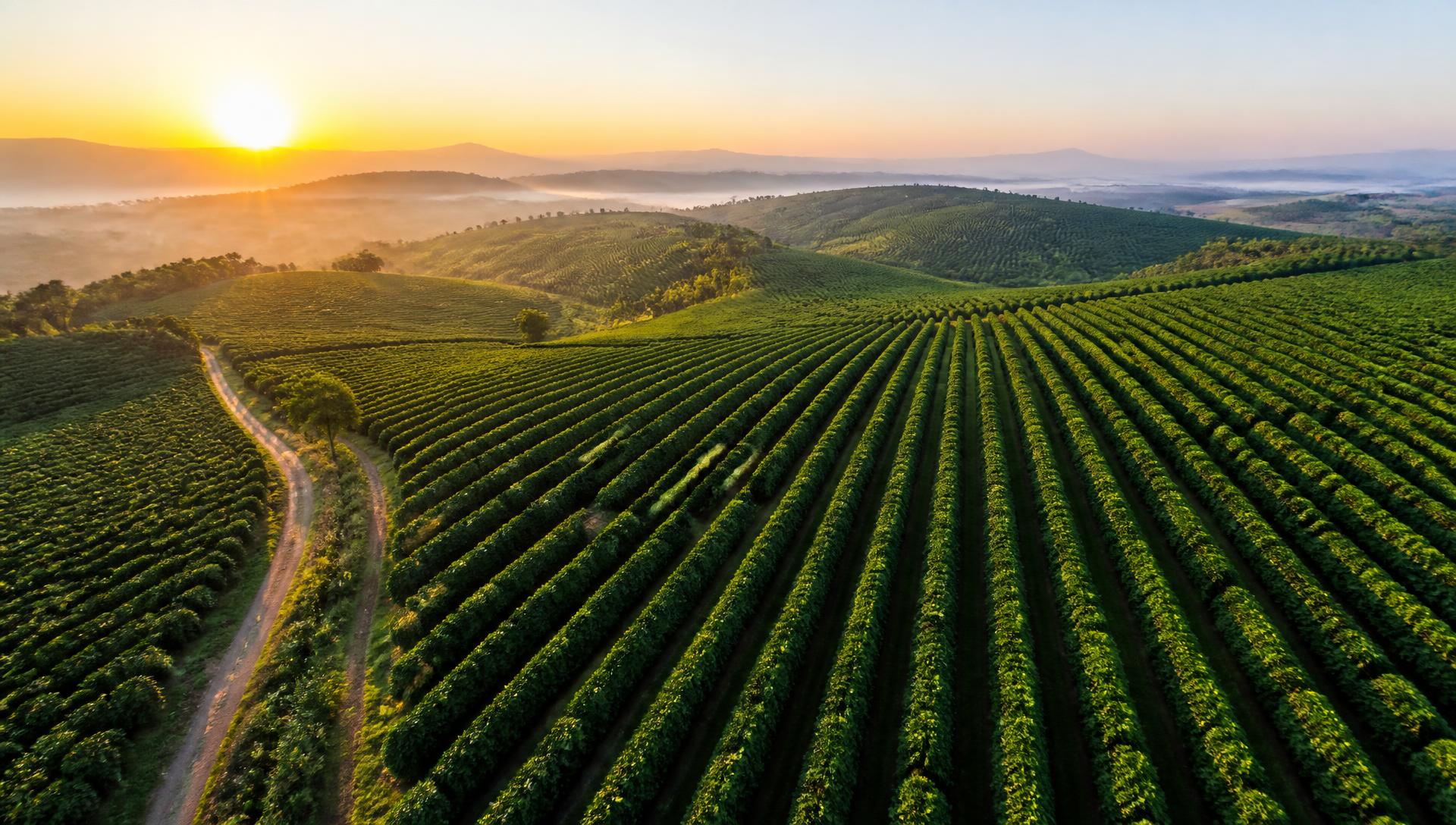 Vista aérea de lavoura de café ao amanhecer